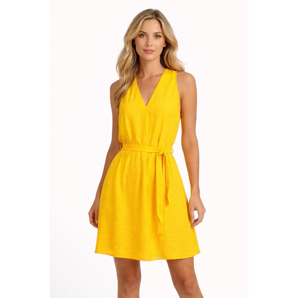 Haute Monde Dress Large Yellow V-Neck Tie Waist Crepe Sleeveless Sundress Summer